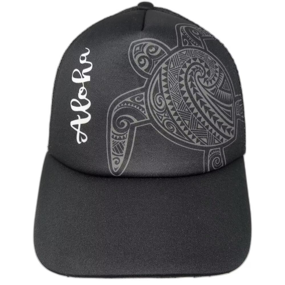 Surfware Trucker Hat Black Gray One Size Aloha Tribal Turtle Graphic Snapback